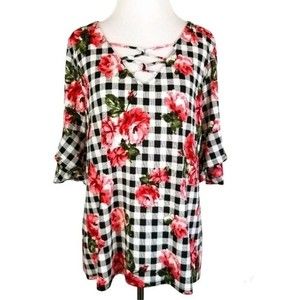 Chic Black and White Checkered Blouse with Red Floral Design